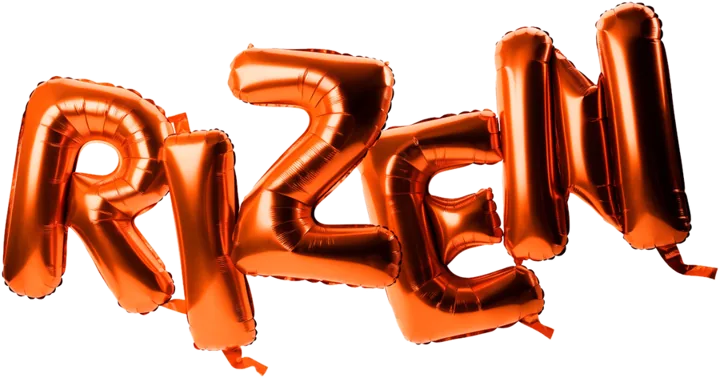 Orange foil balloon letters spelling Rizen