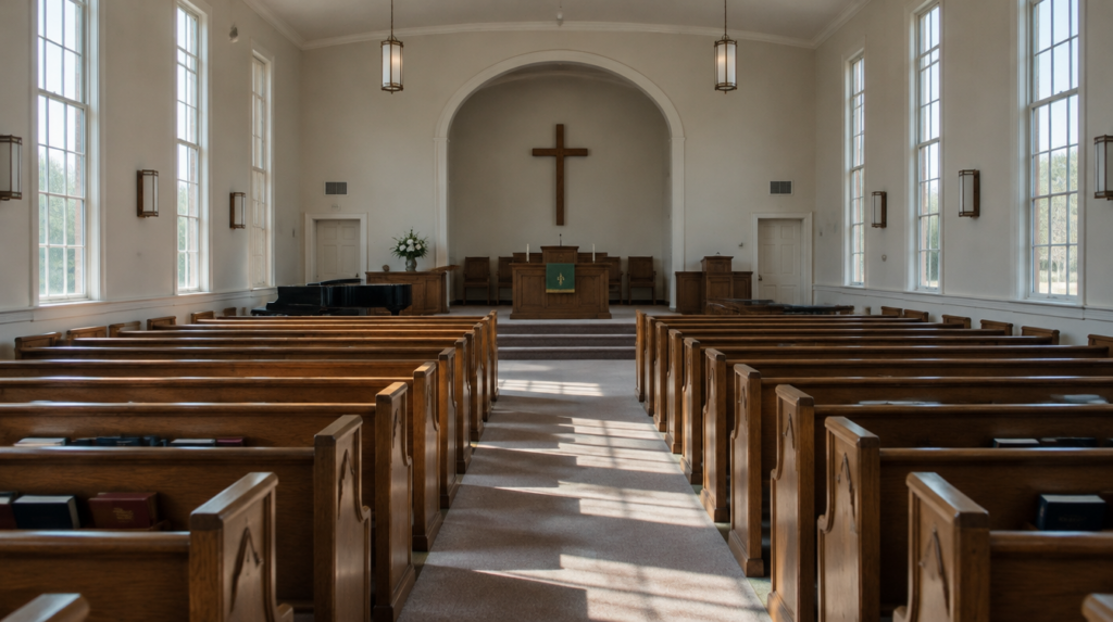 An empty church sanctuary with wooden pews in daylight