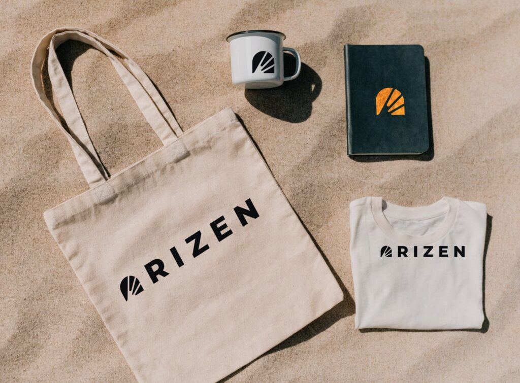 Rizen branded tote bag, enamel mug, notebook and t-shirt laid out together